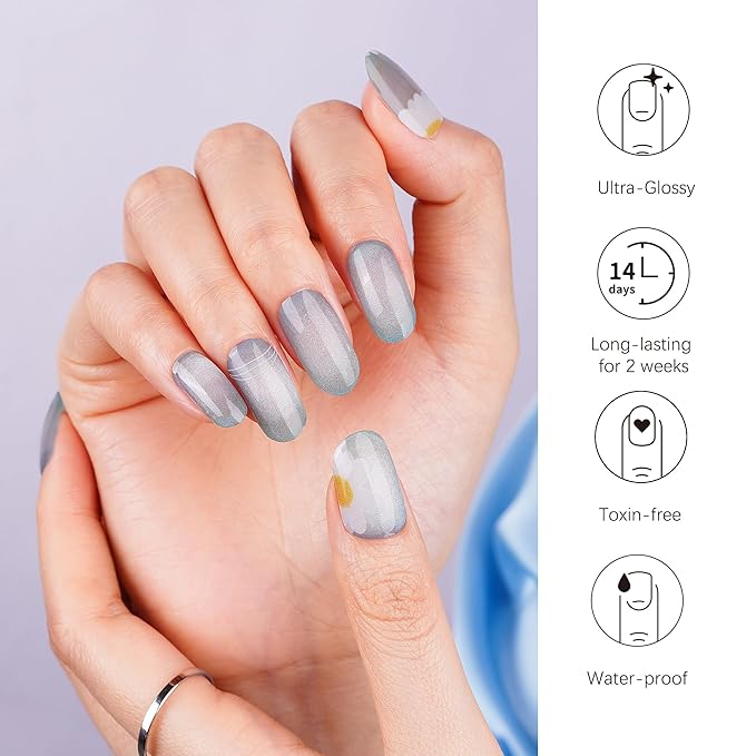 DANNI & TONI Semi Cured Gel Nail Strips Ocean Blue (Verdant Whisper) Magnetic Silver Cat Eye Gel Nail Wraps Flowers 28 Stickers