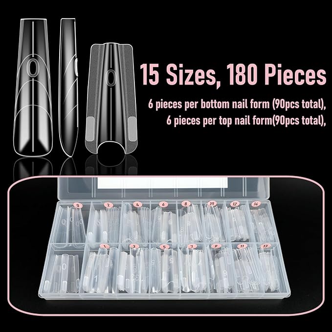 Sandwich Dual Nail Forms, Long Coffin Nail Extensions Nails Mold, No Paper Forms Needed, Quick Polygel Extensions Salon Nail Art Tools 15 Sizes 180pcs