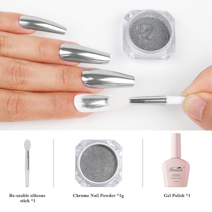 Imtiti Silver Chrome Nail Powder Kit,1g Silver Meatllic Mirror Effect Powder with 10ml White Color Gel Polish Metal Nail UV DIY Kit