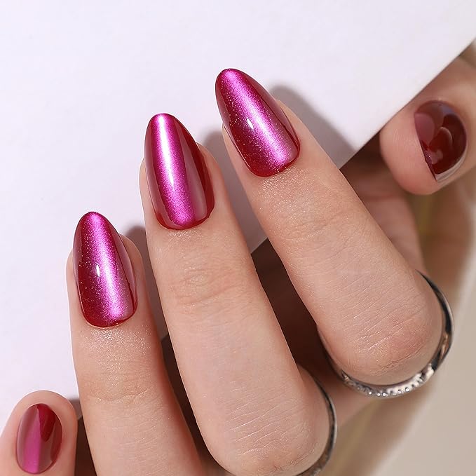 RTKHFZE Press On Nails Almond - Fushia Cat Eye Press on Nails Short Soft Gel Fake Nails with Nails Glue,Fit Perfectly,Reusable Stick on Nails in 16 Sizes - 32Pcs Gel False Nails Kit