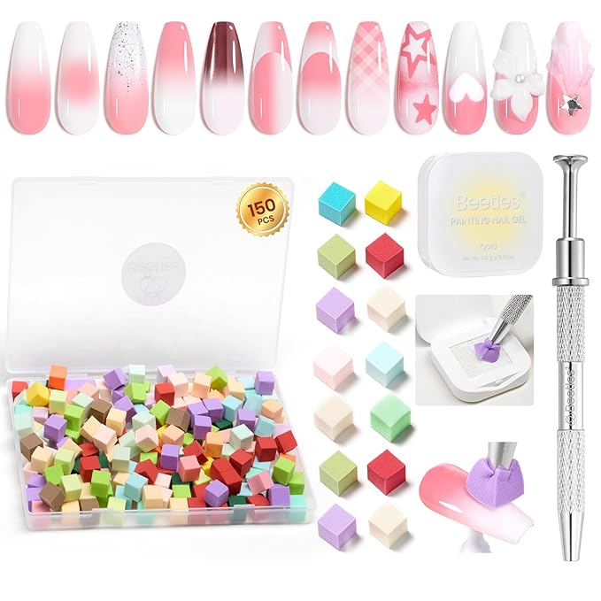Beetles 150Pcs Soft Nail Sponges for Ombre, Colorful Nail Sponge with Grabbing Pen, White Pat Painting Gel Polish Kit for Gradient Ombre Blush Chrome Design Nails Art Tools, Home DIY Salon Manicure