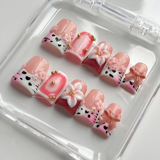 Luxury Press on Nails Short Duck Handmade 3D Unique Reusable ABS Material Fake Nails Pink French Tip False Nails with Designs Bow Flower Cow Print Glossy Glue on Nail Thick Acrylic Nail(S)