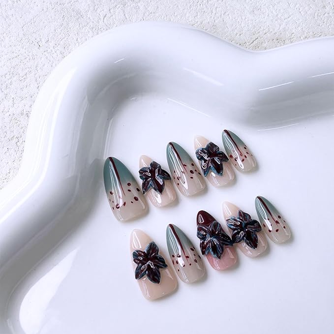 10 Pcs Handmade Almond Press on Nails Medium French Tip False Nails with Glue,3D Flower Bloodstain Gradient Glossy Designs Stick on Nails Full Cover Artificial Acrylic Glue on Nail for Women (S）