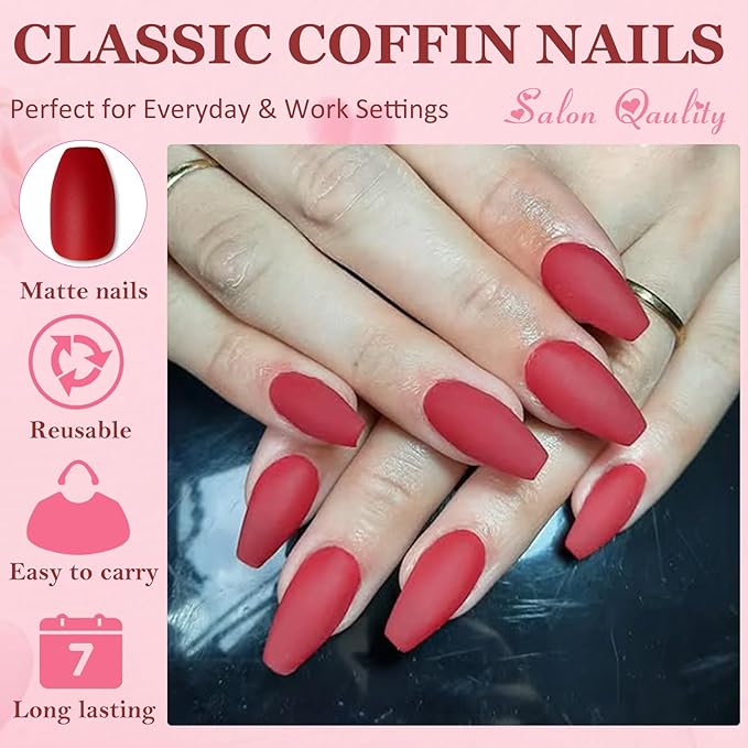 AddFavor Press on Nails Medium Coffin Fake Nails, 576pcs 24 Colors Coffin Press on Nails Full Cover Acrylic Nail Press ons, Matte False Nail Tips for Women Glue on Nail