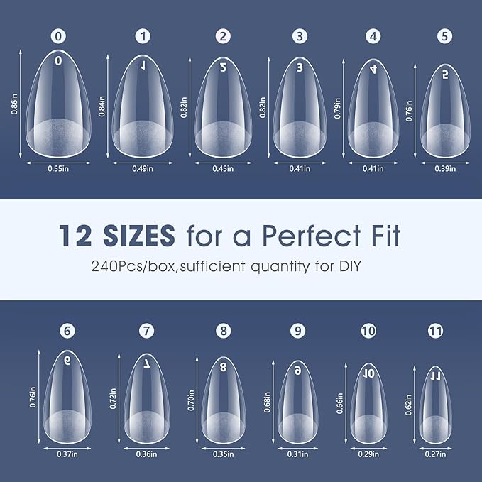 Short Almond Gel Nail Tips: 240 PCS Pre-Shaped False Acrylic Nail Tips Clear Fake Nails Extension Full Cover for Nail Manicure Home DIY Women 12 Sizes