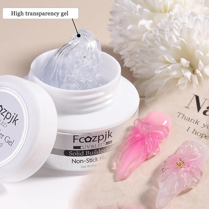 Clear and White Solid Builder Gel for Nails, 2PCS 30g 3D Nail Art Gel Non-sticky Hand Hard Gels Sculpting Molding Embossed Flowers Design with Carving Pen DIY Home Manicure Salon Supplies