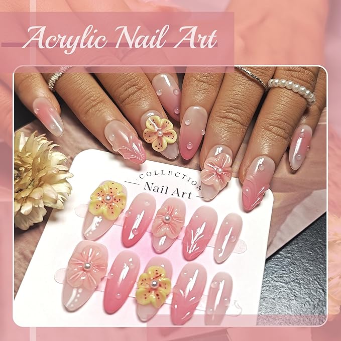 Handmade Acrylic Press On Nails Almond, Short Almond Press On Nails Pink, Ombre 3D Flower Nails For Women Gift, Reusable Stick On Fake Nails Kit With Nail Glue(3D Floral Blush-L)