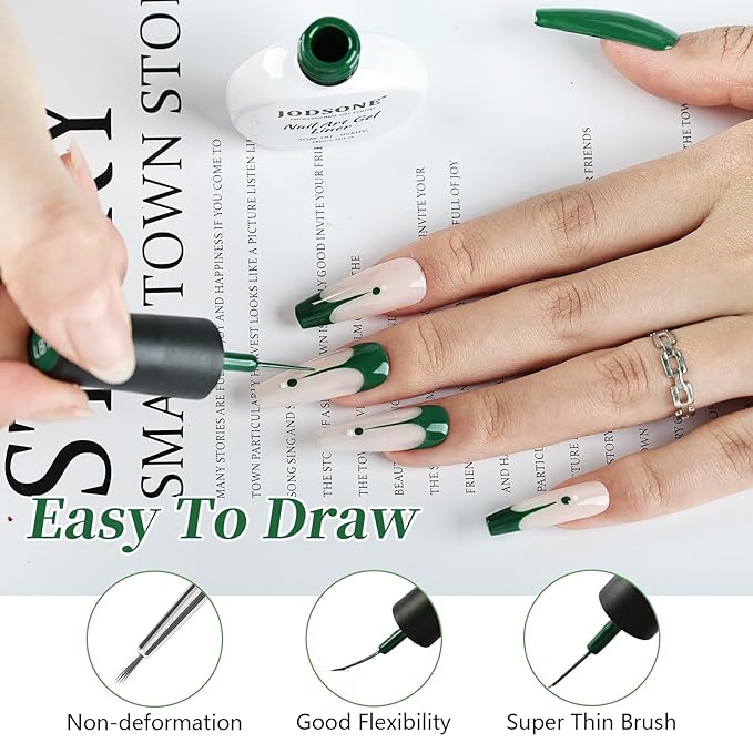 JODSONE Dark Green Swirl Nail Art Liner Gel Polish,10ml Classic Color 3D Nail Art Pens Effect Nail Print Design with Thin Brush for French Tips Manicure Painting DIY at Home - LB13