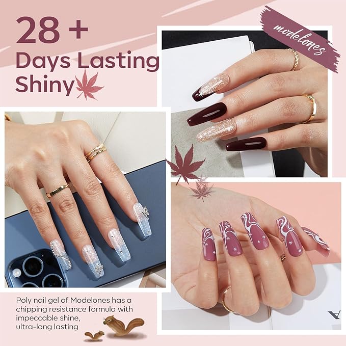 modelones Poly Extension Gel Nail Kit 6 Colors with 8 W Nail Lamp Brown Red Gel Kit Nude Glitter Complete Starter Tools for Beginner DIY at Home for Women