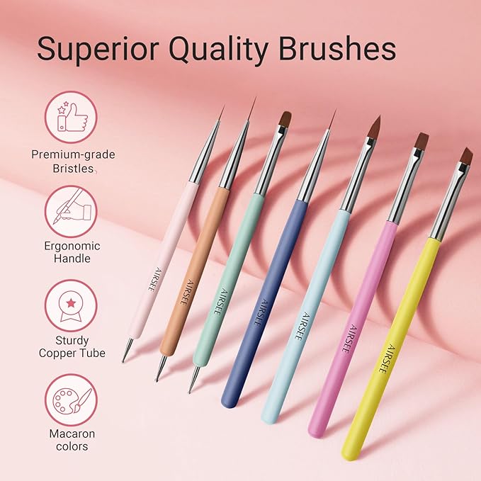 AIRSEE Gel Polish Nail Art Brushes set, 7PCS Nail Art Design Tools with Nail Liner Carved French Dotting Pen Clean Up Brush, DIY Manicure Tools Gift for Women