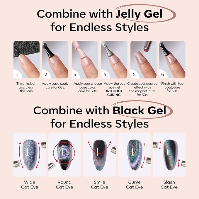 modelones Cat Eye Gel Nail Polish Nude Gel Polish Glass Shimmer Glitter with Magnet Silk Cat Eye Holographic Reflective Soak Off LED Valentine Nail Art Manicure 15ML