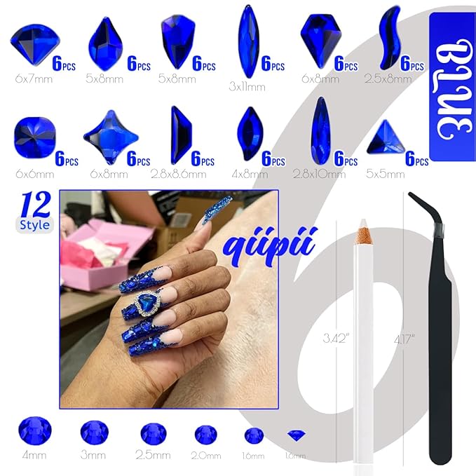 2052Pcs Blue Nail Rhinestones Multi Shapes Sapphire Rhinestones for Nails Flatback Nail Gems K9 Glass Royal Blue Round Beads Stones Diamonds Nail Charms Art for Nails Face Eyes Makeup Crafts