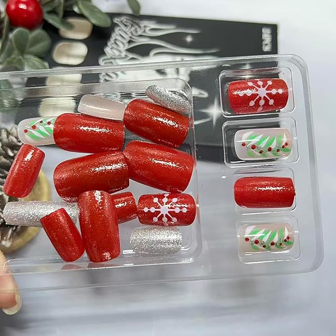 Christmas Press on Nails Medium Square Fake Nails with Snowflake Holly Designs Red Xmas False Nail Winter Silver Glitter Stick on Nail for Women 24 Pcs