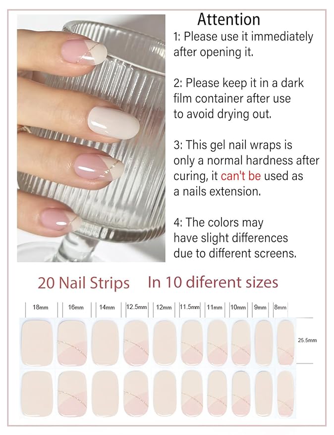 Semi Cured Gel Nail Strips, Irregular French, Beige 20pcs Gel Nails Sticker UV for Home Nails DIY