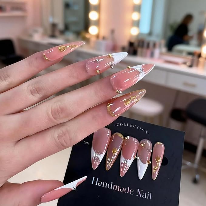 Luxury Long Stiletto Handmade Press-On Nails – Nude Almond Acrylic False Nails with 3D Rhinestones & White French False Nails – Reusable Nail Art(10PCS-M)