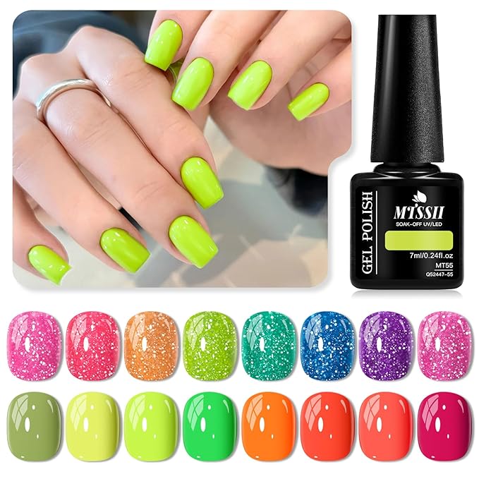 MTSSII Light Green Series Orange Red Pink Gel Nail Polish 18pcs Kit Pink Orange Green Blue Purple Glitter Gel Nail Polish Gel Set Gel Reflection Glitter Polish Kit for DIY Nail Art Women Gifts
