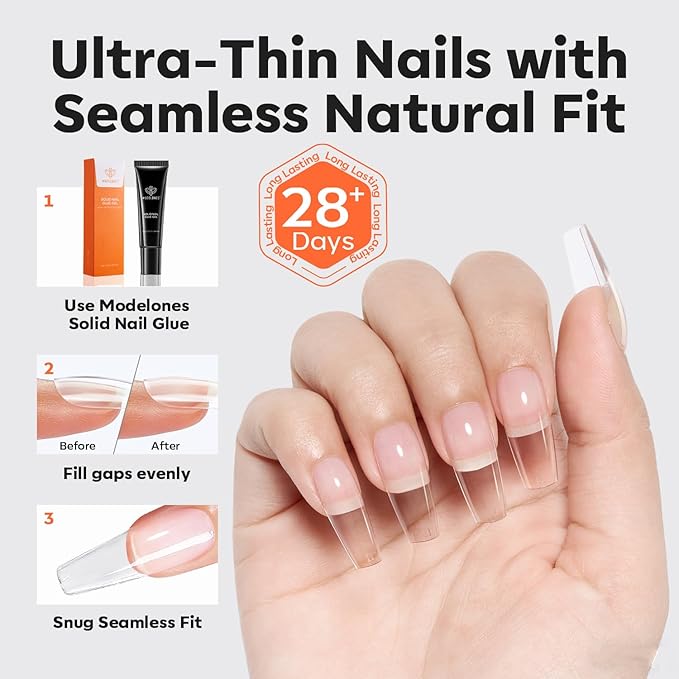 modelones Pro Luxe Instant Nail Apex Tips 15 Sizes, Medium Coffin Extension Gel Tips Pre-building & Pre-etched Thicker Strength Acrylic Fake Nails Full Cover 240 Pcs