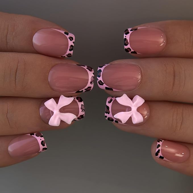 Curvlife Shohrt Square Press On Nails – 30PCS Full Cover False Natural Fit Soft Gel French Nail Tips with Leopard Print and 3D Bow Accent, Easy to Apply at Home Glue On False Nails Kit