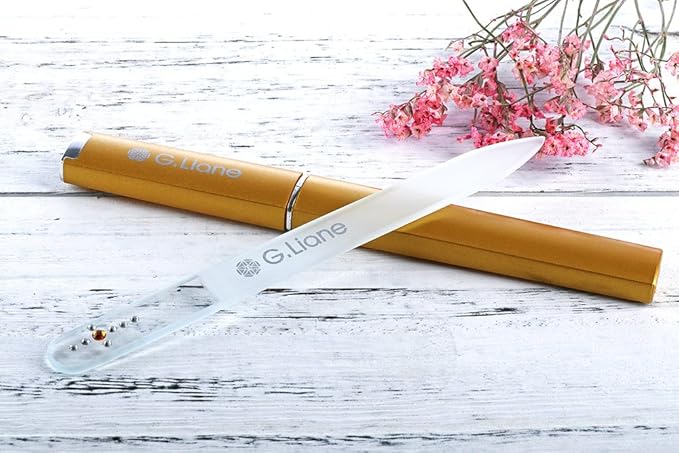 Glass Manicure File with Austria Crystals Shape and Smooth Nail File Tool with Case Best for Gentle & Safe Nail Care Kit for Beautiful Fingernails (Gold Cross)