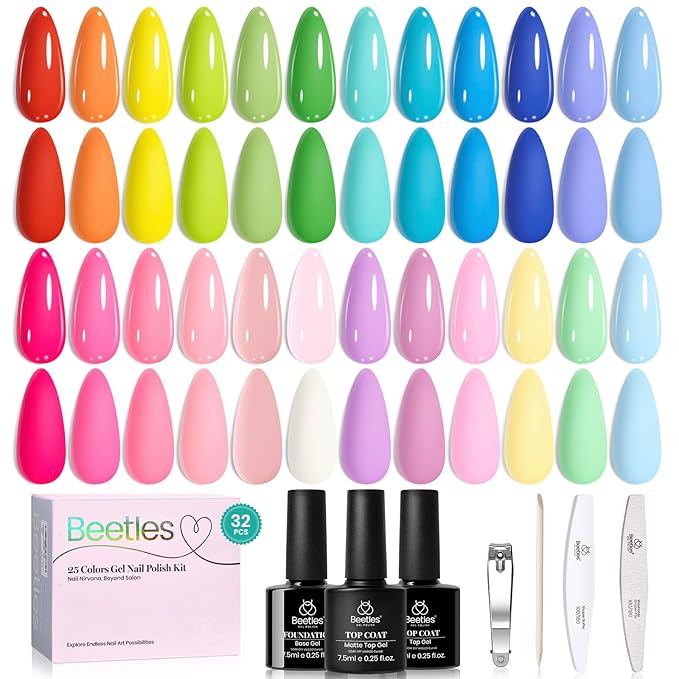 Beetles Pastel Gel Polish Set - Rustic Sonata 25 Easter Colors Yellow Orange Gel Polish with Base Coat Glossy & Matte Top Coat White Blue Pink DIY Salon Soak Off UV Led Nails Gifts for Women