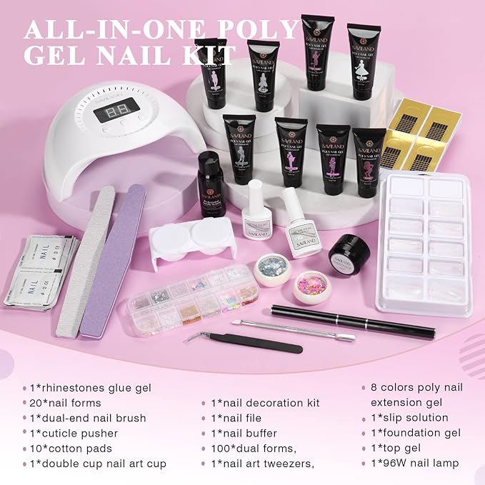 SAVILAND Poly Nail Gel Kit-8 Colors Poly Nail Extension Gel White Pink Glitter with 96W U V Nail Lamp Slip Solution Nail Tools All in 1 Nail Kits Starter Kit for Nail Salon Home DIY