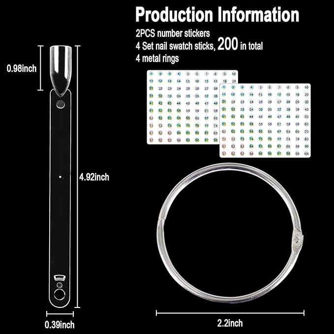 Allstarry 200 Pcs Clear Nail Swatch Sticks with Ring and Numbered Tip Flat head Shaped Nail Art Polish Display Tips, False Nail Sample Sticks, Sacks of Transparent Nail Practice-Tips for Manicure