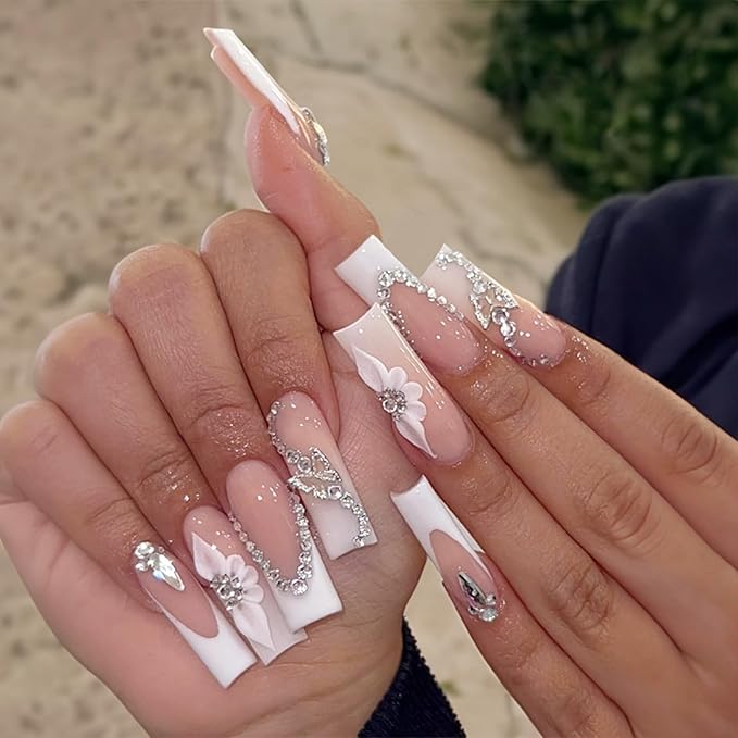 Long Square Press on Nails Fake Nails Artificial Nail Stick on Nail for Women, Elegant White French Tip with 3D Flowers, Crystal Chains and Rhinestone Decor, Long Square Fake Nail Set 24pcs