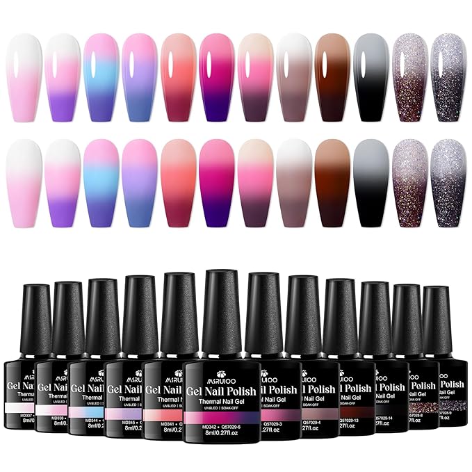 12Pcs Color Changing Gel Nail Polish Set Pink Purple Glitter Brown Mood Temperature Change Nail Polish Gel Set Soak Off Nail Art Gel DIY Salon Manicure Gift