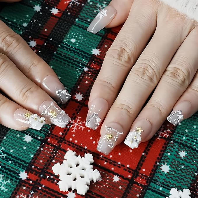 Cat Eye Press on Nails Handmade Short Square - Snowflake & Luxe Tree Light Design with 3D Pearl Gold Star, Winter False Nails for Women Girls (Holiday Cateye,M)