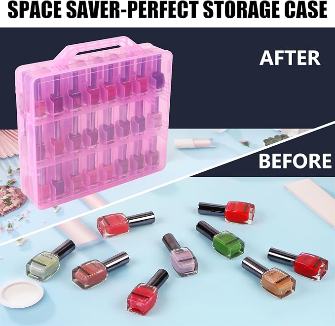 Universal Nail Polish Holder Gel Nail Polish Organizer Case for 48 Bottles Adjustable Dividers Space Saver,Double Sided Storage for Nail Bottles Mini Cars Threads Essential Oils (Pink)
