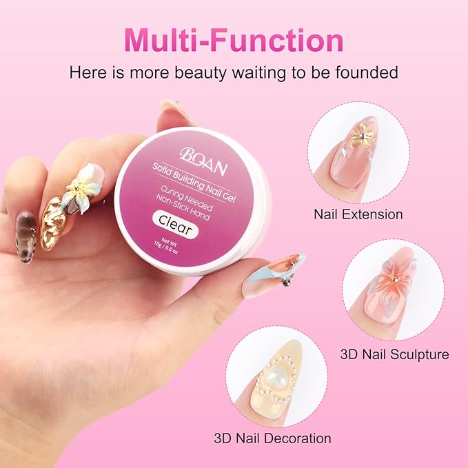 BQAN 3D Nail Art Gel Kit - 2Pcs 15g White & Clear Non-Sticky Hand Builder Sculpting Gel with Tools for Extensions, Carving & Molding | Professional Salon Quality for Techs & Beginner