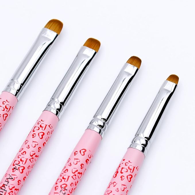 4Pcs Professional Acrylic French Manicure Clean-Up Brushes & Dotting Pens - Pink Heart Handles, Precision Tips (#10#12#14#16) for Nail Art, Cuticle Care (pink)