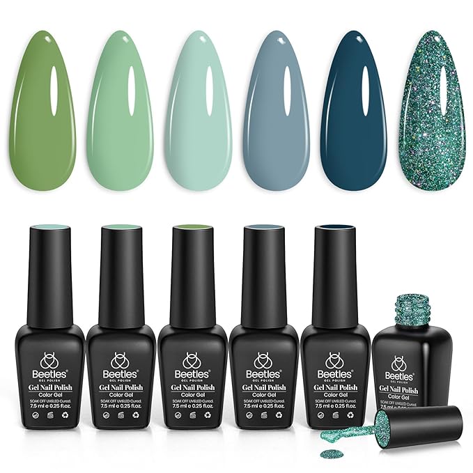 Beetles Green Gel Nail Polish Set - 6 Colors Green Gray Blue Glitter Nail Gel Polish Soak off Uv Gel Nail Art Manicure Gifts for Women