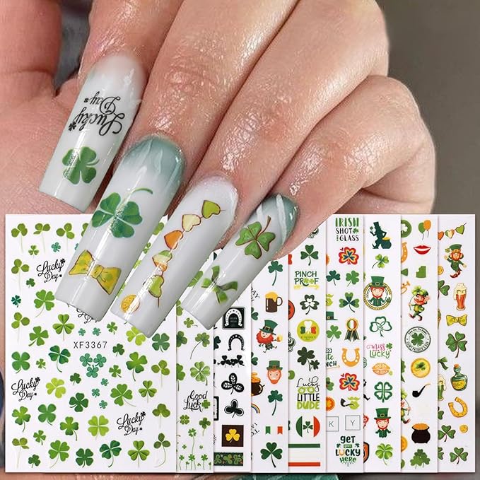 10 Sheets St. Patrick's Day Nail Art Stickers 3D Self-Adhesive Shamrock Nail Decals Green Clover Gold Hat Letter Designs Irish Nail Stickers St. Patrick's Day Nails Decor for Women Manicure Supplies