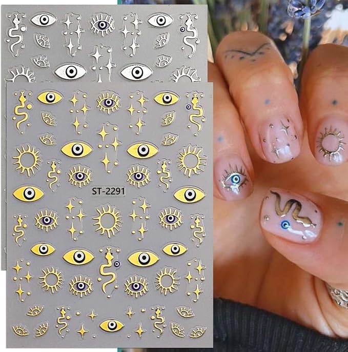 6 Sheets Evil Eye Nail Stickers for Nail Art,Gold Silver Metallic Evil Eye Nail Decals Goth Stickers with Mystical Eye,Snake Design,3D Self Adhesive Nail Art Supplies for Women,DIY Manicure Decor