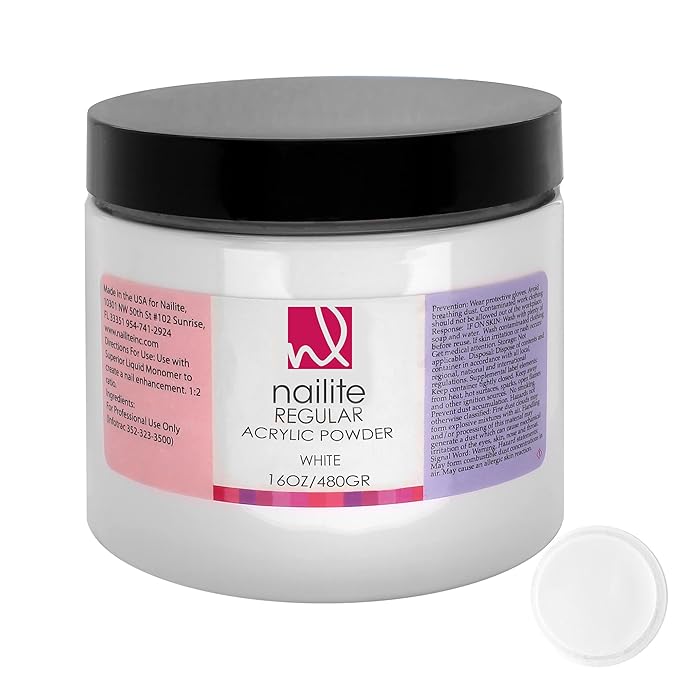 Regular – Professional Acrylic Powder for Nail Extension, Slow Setting System, EMA Formula and Non-Yellowing Effect – White (16 Oz.)