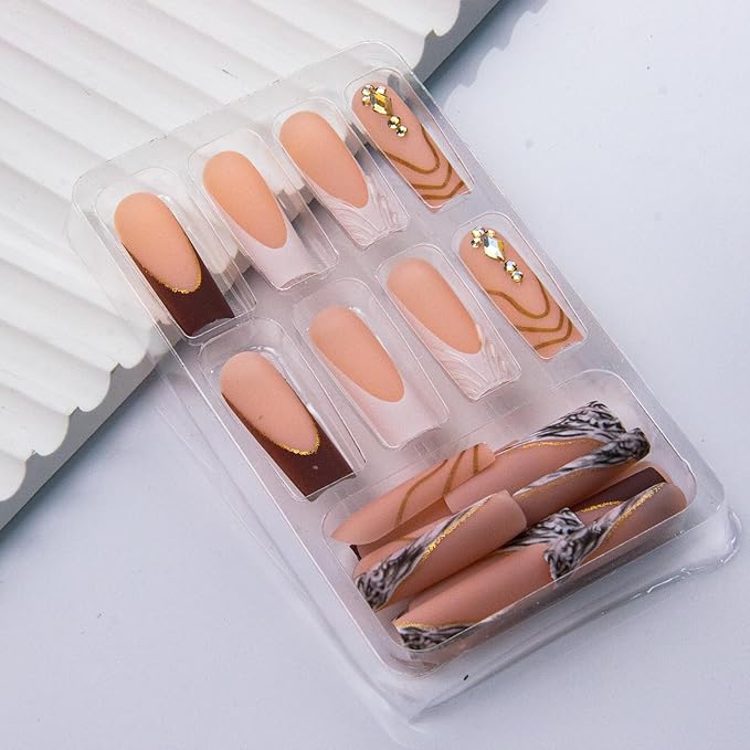 Brown Press on Nails Long Square Fake Nails French Tip False Nails Press ons Fall Stripes Acrylic Nails Matte Full Cover Stick on Nail for Women Manicure Deco 24Pcs