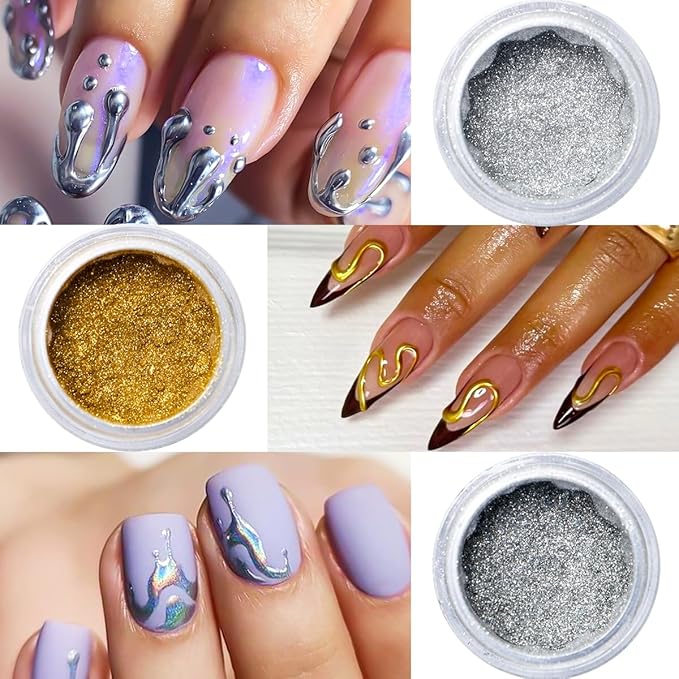 Chrome Nail Powder Kit, 6 Colors Chrome Powder with 3D Sculpting Gel for Nail Art Gold Silver Metallic Mirror Effect Pigment Holographic Glitter White Pearl Dust Kit for Manicure Decor