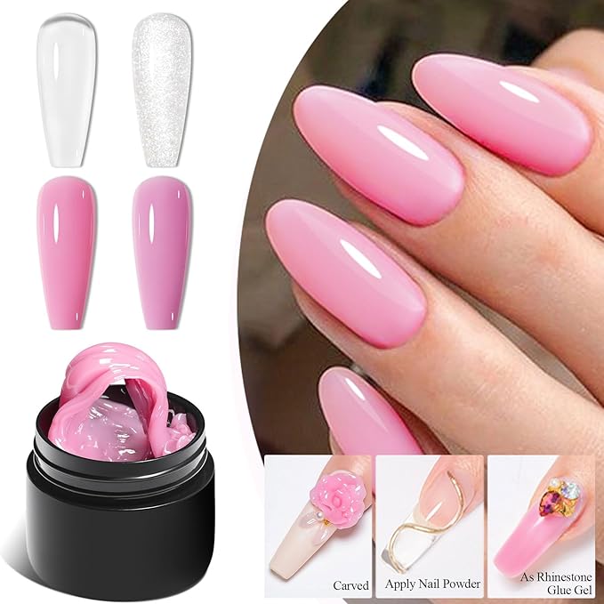 MEET ACROSS 9Pcs 3D Builder Gel Kit for Nail Art Pink White Sliver Non Sticky Hand Carving Extension Solid Builder Gel for Nails with Silicone Pen Manicure Kit 4 Colors