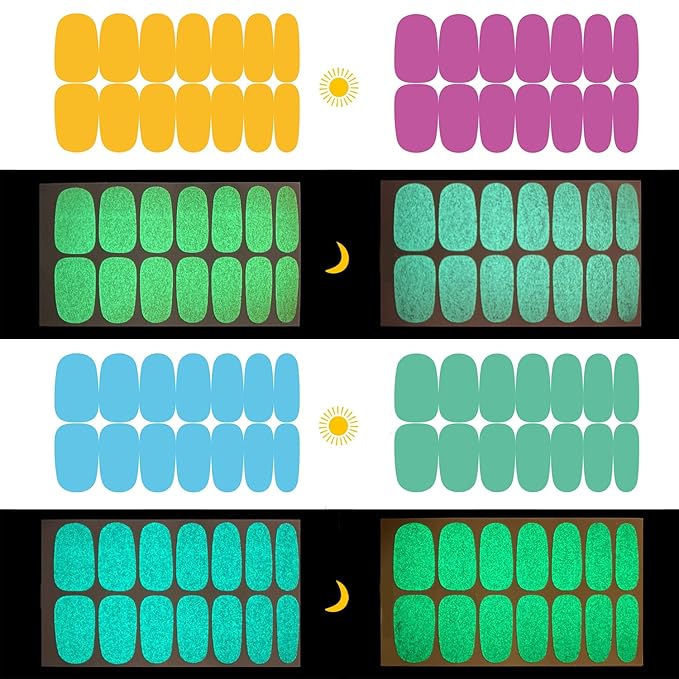 JERCLITY 12 Sheets Glow in The Dark Full Wrap Nail Polish Strips Stickers Luminous Fluorescent Bright Color Nail Decal Strips Self-Adhesive Nail DIY Decoration Kit with Nail File for Women Girls