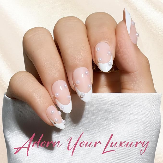 Modelones French Tip Press on Nails Almond, Short Almond Fake Nails, Semi-Transparent Soft Nail Kit with Nail Glue Adhesive Tabs Nail File, Spring Nails Press Ons 30Pcs 15 Sizes, Pearl