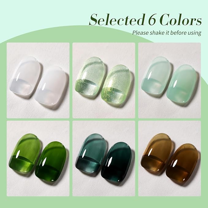 Born Pretty Jelly Green Milky White Gel Nail Polish St. Patrick's Day Transparent Sheer Colors Gel Nail Kit for Salon Gel Manicure and Nail Art DIY at Home 6 Colors