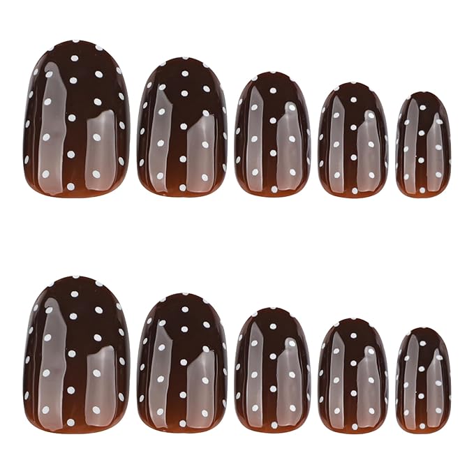 Polka Dot Press on Nails Brown Oval Fake Nails Short Almond False Nails Cute Glue on Nail Fall Acrylic Nails full Cover Stick on Nail for Women Manicure 24Pcs