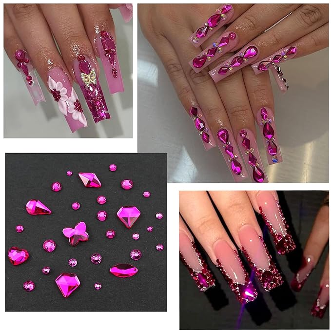 4 Boxes Pink Red Nail Gems Bow Flower Nail Charms for Acrylics - Irregular Crystals, Nails Rhinestone & Accessories for Women Nails Art Design Nails Decor(Pink & Red)
