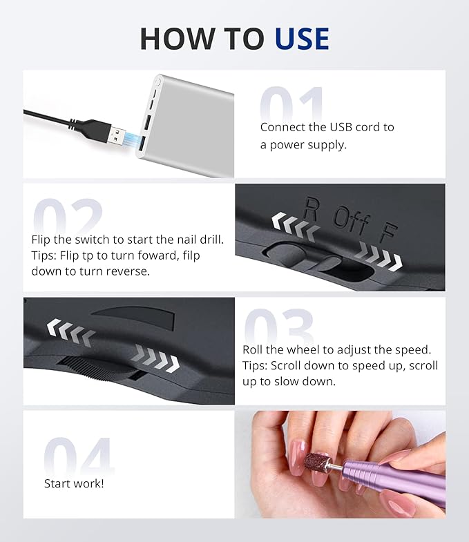 AIRSEE Studio Basic Electric Nail Drill, USB Portable Nail E File Machine for Professional Beginners, Manicure Pedicure Dremel Kit for Salon & Home Use , Purple