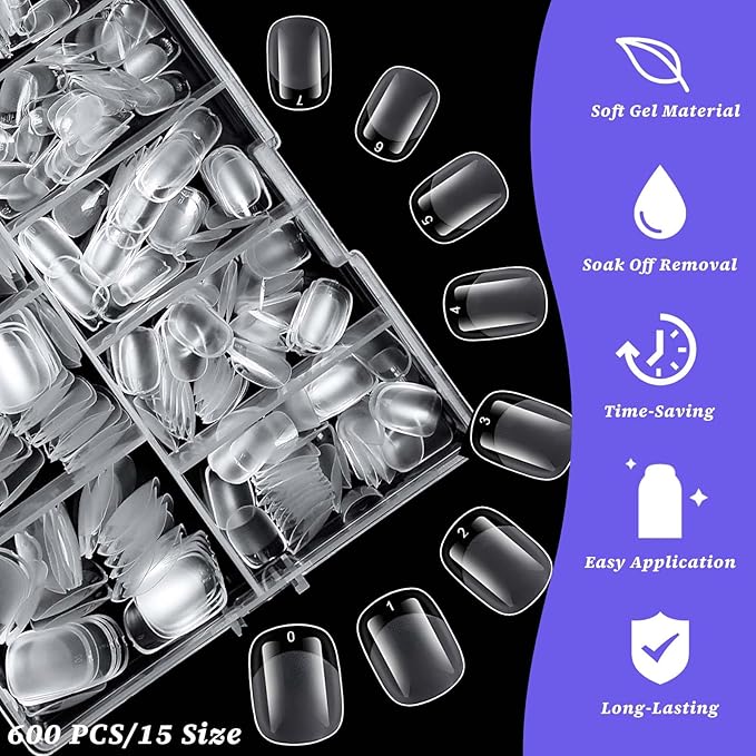 LoveOurHome 600pc Extra Short Squoval Nail Tips Clear Fake Nails XS Short Round Square Gel Nail Tips Full Cover Acrylic Nails Clear Press on Nails 15 Sizes False Fingernail for Gel Nail Extension