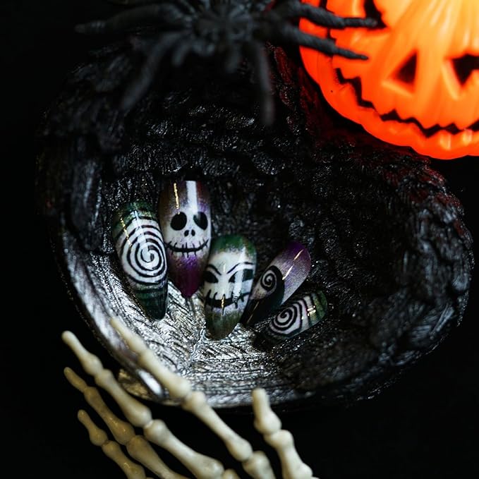24 Pcs Halloween Almond Press on Nails, Glossy Fake Nails with Funny Skull & Swirl Design, Full Cover False Nails, Acrylic Stick on Nails for Women Girls Nail Art Manicure Decor