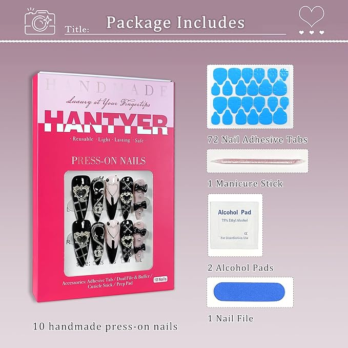Gothic Y2K Press on Nails, Long Stiletto Glossy Black & White Nails, Silver Gothic Charms, Black Rhinestones & 3D Hand-Painted Art, Salon Nails Edgy Style for Nightlife & Concerts (Size M)