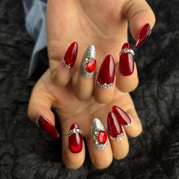 Handmade Press On Nails Medium Almond Shape,10Pcs Red Rhine stone Acrylic Fake Nails,Glue On Nail with 3D Charms for Woman Daily Wear&Wedding（Design Concept:Forever Love）