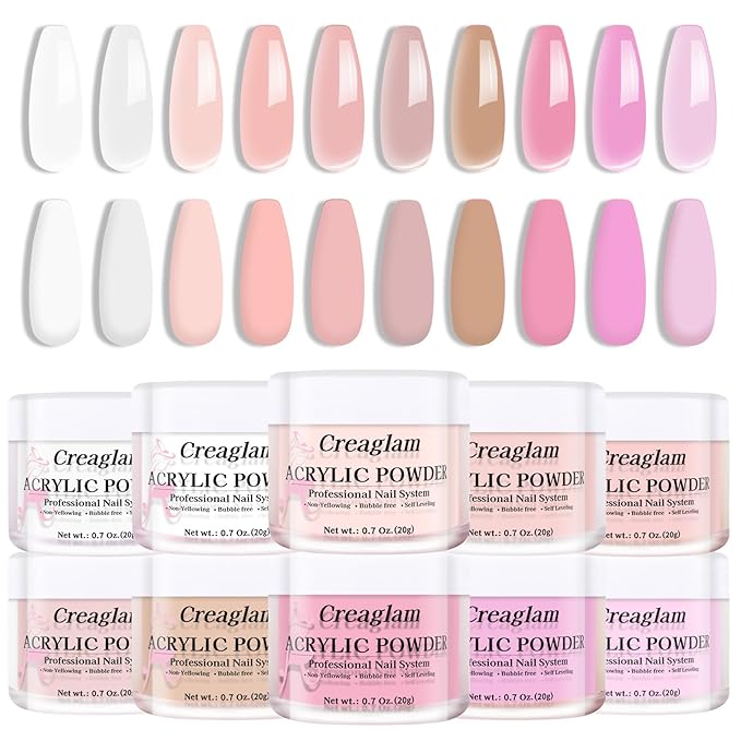 Acrylic Powder Set for Nail Extensions - 10 Colors 20g Each, Professional 3D Nail Art Carving Powder, Acrylic Nail Powder No Lamp Needed, Bubble Free, Long Lasting, Salon Quality DIY Manicure Kit